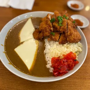 Chicken tonkatsu curry with rice and cheese