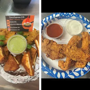 a plate of fried chicken and a bowl of dipping sauce