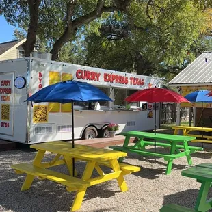 a row of picnic tables with umbrellas