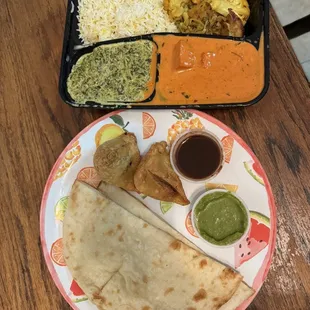 Buttter chicken platter, naan bread come with platter, samosa