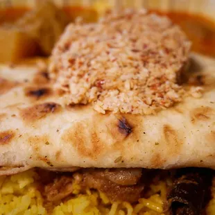 "Alibaba" AKA "everything plate" - Garlic naan and tumeric rice