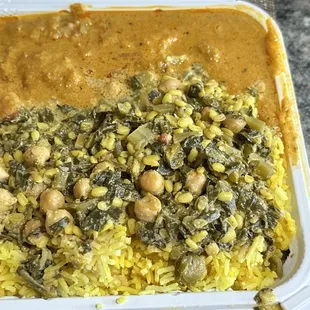 Dregs of Meatball Curry, Turmeric Rice and Veggie Curry