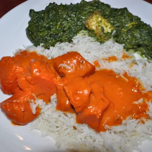 Saag Paneer and Chicken Tikka Masala over rice.  Note the clean chunks of tandoor chicken breast and the fresh browned cheese