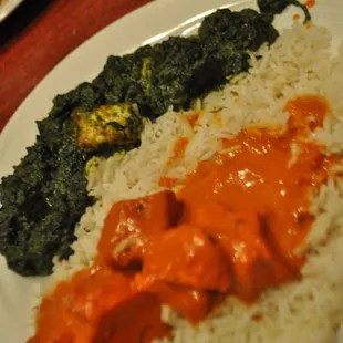 Saag Paneer and Chicken Tikka Masala over rice.  Note the clean chunks of tandoor chicken breast and the fresh browned cheese