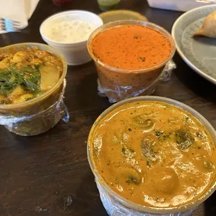 Mushroom Matter, Aloo Gobi, a yogurt something they threw in, and Chicken Tikka Masala
