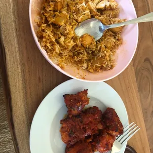 Leftover chicken vindaloo with rice and Gobi Manchurian