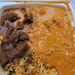 goat curry, chicken tikka masala, biryani rice