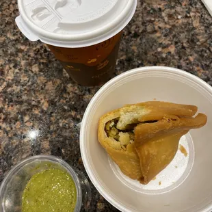 Chai tea, samosa and mint sauce