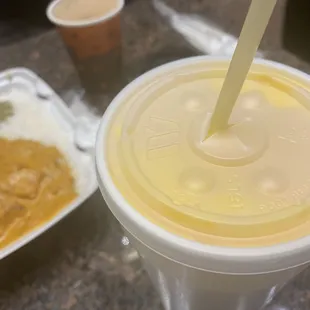 Mango Lassi drink and spiced coffee- both great