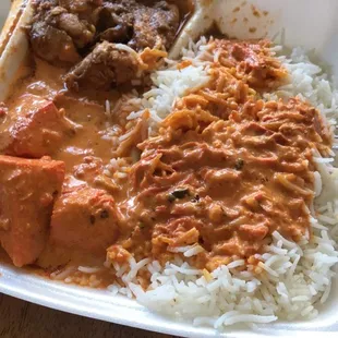 Curry chicken, chicken tikka masala, basmati rice and naan