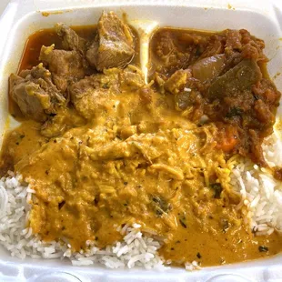 Chicken Curry, Veg Jhalfriez, and Rice with Butter Chicken Sauce (Naan Included But Not Shown)