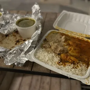 Chicken Tikka Masala, Chicken Korma, Palak Paneer, and Plain Naan