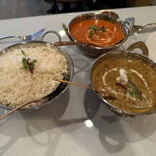 Rice, Butter Chicken and Daal Makhani