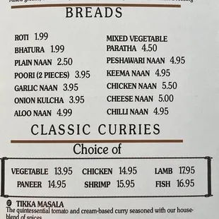 Soup &amp; Salad, Breads, Classic Curries Menu Listing