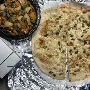 Full Meal: Green Chili Naan, Okra, and Rice