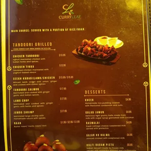 the menu for the restaurant