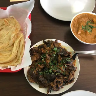 Parathas, Eggplant, and goat-stew (Keema?)