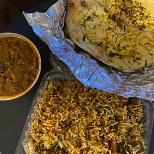 Bengan Bharta, Garlic Nan Bread, Lamb Biryani - all SO good!!