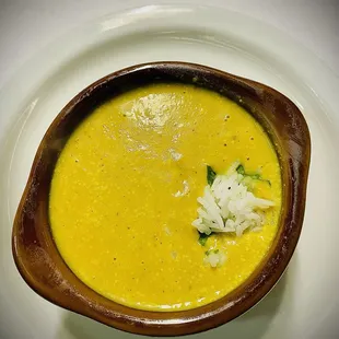Mulligatawny soup.
Spiced lentil soup with a splash of coconut milk.