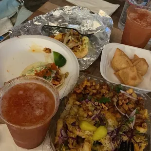 Masala fries, veggie paneer taco, chicken tikki taco, samosas