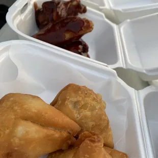 Samosas, BBQ chicken wings, and Tandoori chicken wings (ALL were fire/delicious!)