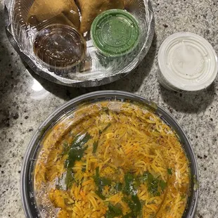 Vegetable Biryani w/ Raita and samosas