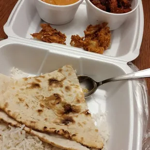 Butter chicken, chili chicken (love this one), naan, white rice