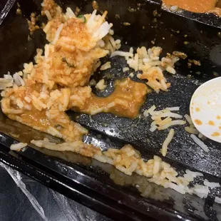 Clumps of rice stuck together.