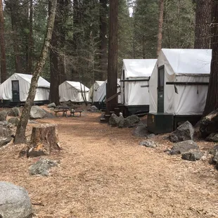 Tent cabins. Close vicinity to one another.