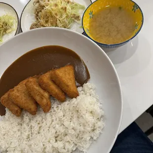 Tofu curry with miso soup and salad