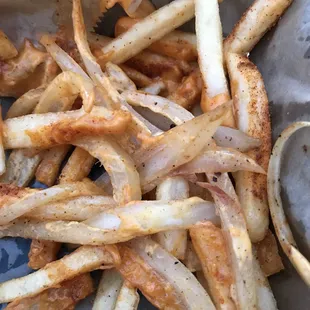 a close up of french fries