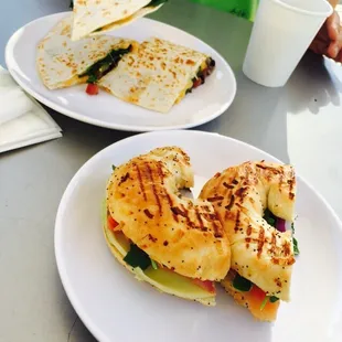 salmon bagel and quesadilla