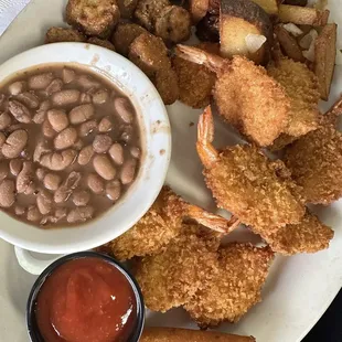 All You Can Eat Shrimp with Pinto Beans, Grilled Taters and a Hushpuppy