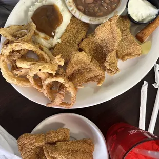 AYCE Catfish with Mashed, Pinto beans &amp; onion rings
