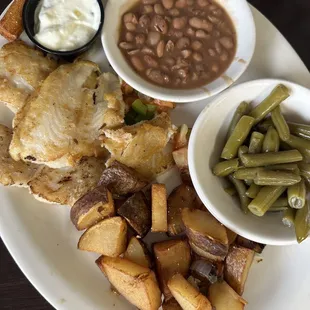 Grilled Hearty Catfish Special AYCE with green beans, pinto beans and grilled taters