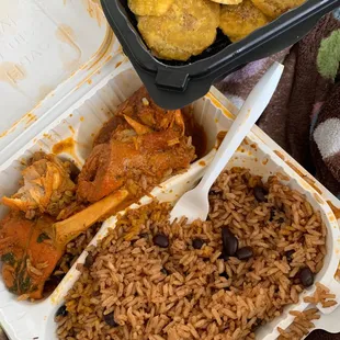 Stew Chicken, Arroz Con Habichuelas, and Tostones