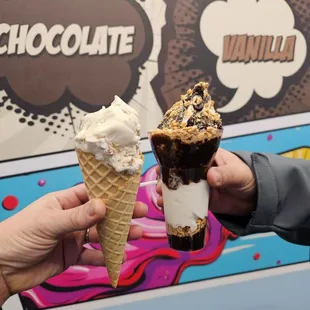 Butter pecan in waffle cone and some sort of custard sundae.