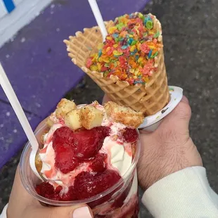 Strawberry Cheesecake Parfait Superman w/ fruity pebble 2 waffle cone