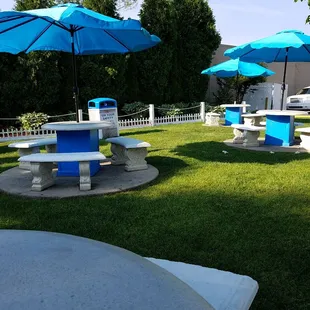 My View from a concrete table with benches + patio umbrella. Area is so nice, clean and refreshing to relax and enjoy an ice cream