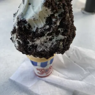 Cake batter dipped in Oreo crumbs.