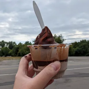The last treat of this season! Medium chocolate frozen custard with chocolate topping.