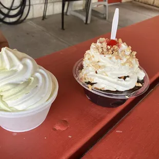 Coconut and key lime soft serve and hot fudge sundae