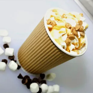 CARAMEL SWIRL HOT-CHOCOLATE Ghirardelli Chocolate with Caramel glaze, Vanilla Extract,  Caramel Morsels w/ warmed Alkaline Water