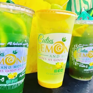 Green-Green Lemonades made with Crushed Meyer Lemons mixed with Sour Apple Mix and Kiwi Green and a spritz of sour mix