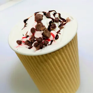 PEPPERMINT SWIRL HOT-CHOCOLATE Ghirardelli Chocolate &amp; Peppermint glaze, Whole Milk Peppermint Extract, Marshmallows, warmed Alkaline water