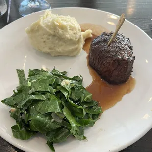 7 oz Filet Mignon with garlic mashed and collard greens