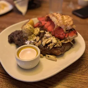 Ribeye with lump crab and lobster tail