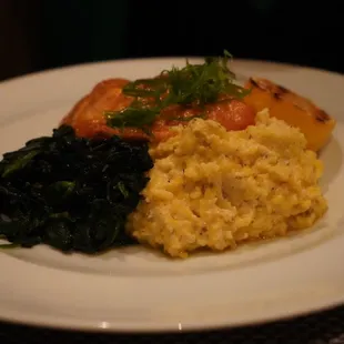 Crab stuffed salmon with cheese grits and spinach from their daily special menu