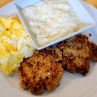 Salmon Cakes with scrambled eggs and White Cheddar Grits