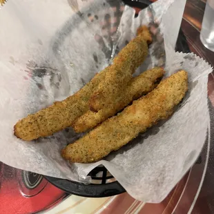 Fried dill pickle spears.